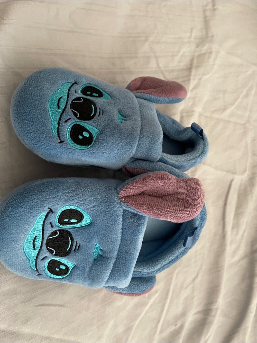 Kids Plush One-Piece Slippers in Light Blue with stitch